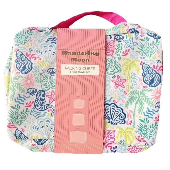 WONDERING MOON 3-Pc Packing Cube Set Seashell Mermaid Palms TRAVELER Gift Travel - Picture 1 of 5